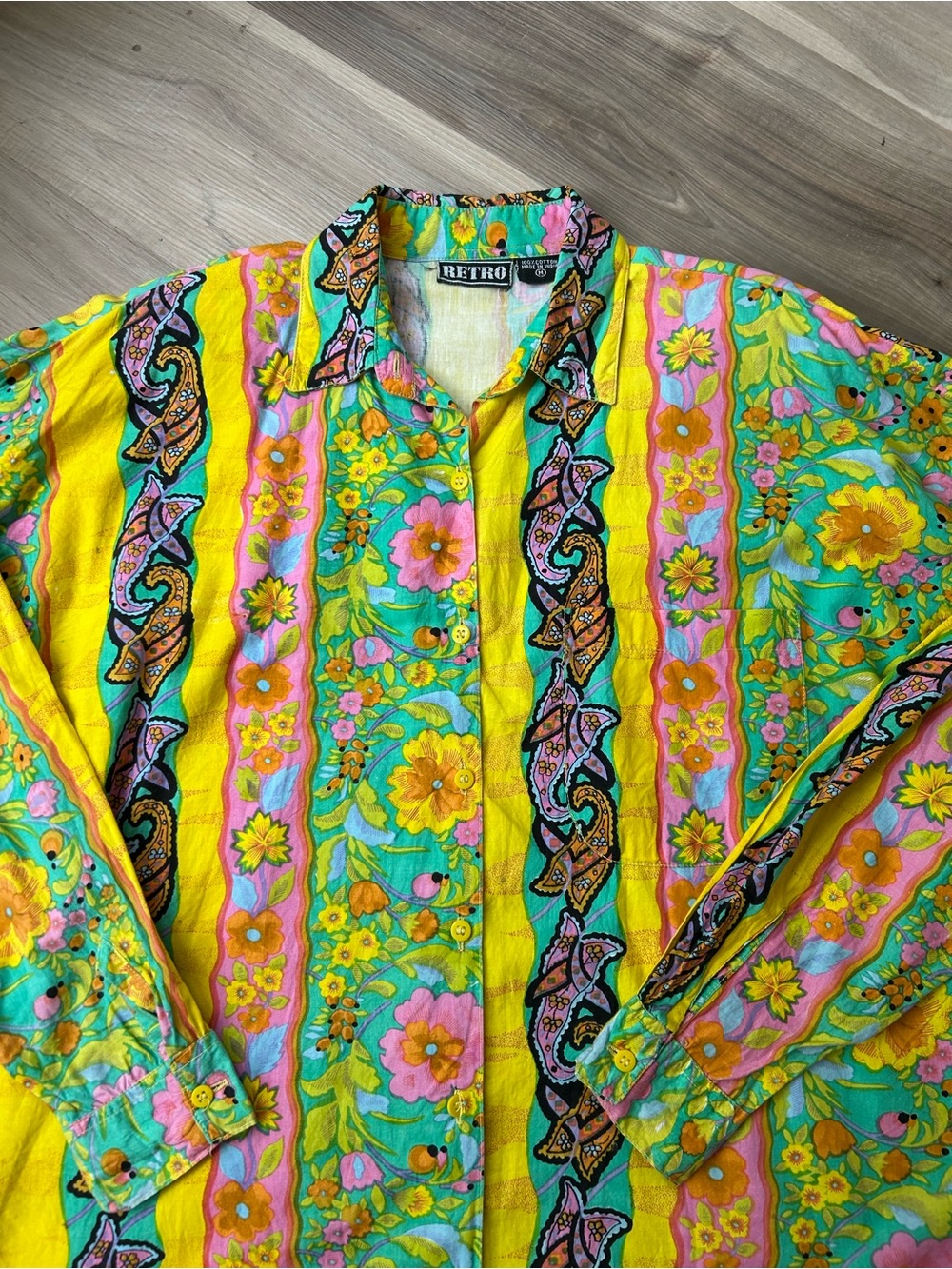 RETRO vintage 70s style Floral Psychadelic Button-Up Shirt - Yellow Multi